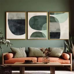 Tableau abstrait contemporain beige et vert 20x35cm minimaliste