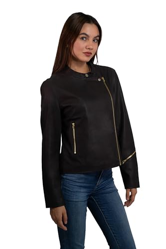 Nine West | Women's Synthetic Leather Biker Jacket, Elegant and Modern Style. (US, Alpha, Large, Regular, Regular, DARK BROWN)
