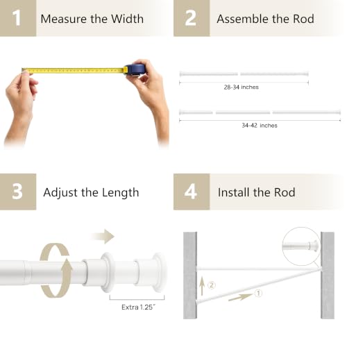 Image of Tension Curtain Rod by EZFurni, 28 to 42 Inch, Adjustable Curtain Rods No Drilling, Heavy Duty Tension Rod, Anti-Slip Spring Loaded Curtain Rods for Window, Closet, Door, White