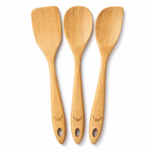 Image of Prime Bamboo Wooden Spoons for Cooking Set of 3 Pcs - Wooden Cooking Utensils with Long Handle, Includes Flat Wood Spoon, Bamboo Spatula, and Slotted Spoon for Kitchen Utensils Set