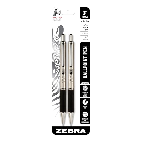 Zebra Pen, STEEL F-402 Retractable Ballpoint Pens, 0.7mm Fine Point, Black Ink, Stainless Steel Barrel and Clip, Easy-Glide Ink, Comfort Grip, Refillable Pens for Office, School, 2-Pack (29212)