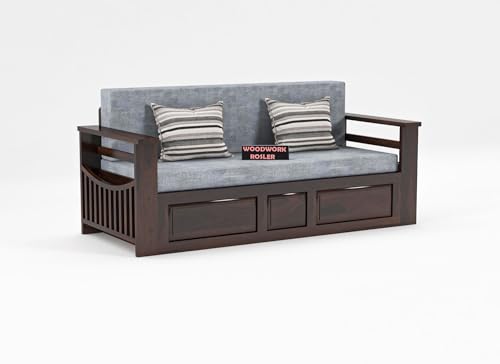 Image of Solid Sheesham Wooden Sofa Cums Bed with Mattresses for Living Room|Rosewood 3-Person Sofa Cums Bed for Bedroom Without Pillow (E-Walnut Finish)