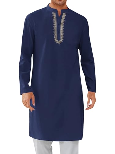 Yousify Mens Kaftan Thobe Casual Henley Shirts Button up Long Sleeve Robe Muslim Gown Shirt