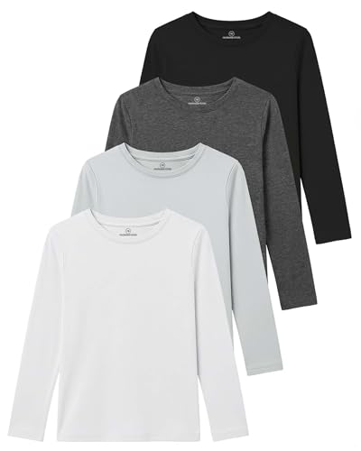 Image of Real Essentials 4 Pack: Girls' Cotton Long Sleeve Crew Neck T-Shirt - Athletic Tee Shirt for Teens Kids Youth (Ages 4-16)