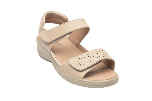 Image of Cushion Walk Ladies Wedge Sandals, Open Toe Slingback, Faux Leather, Laser Cut Detail, Lightweight Comfort, Touch Fastening (Beige, UK Footwear Size System, Adult, Women, Numeric, Medium, 7)