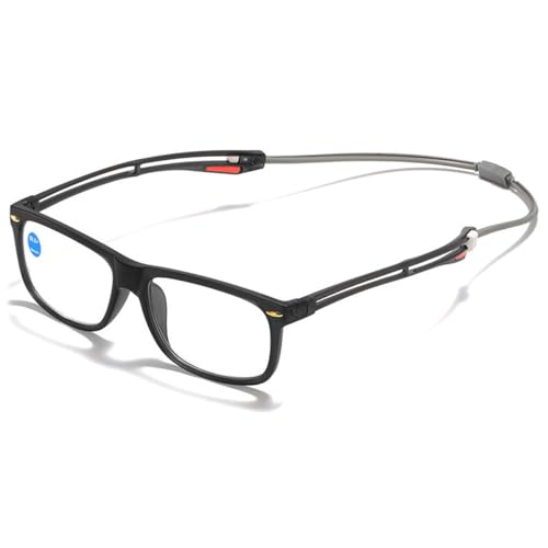 KOOSUFA Blaulichtfilter Lesebrille mit Magnetverschluss Clip Herren Damen Leicht Lesehilfe Arbeitsplatzbrille mit Auszieh Verbindbaren Bügelenden, zum Aufhängen am Hals Schwarz 2.5