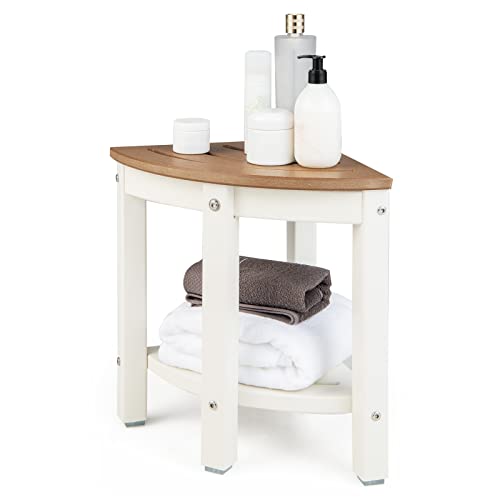 LIFEZEAL Taburete baño, Banco esquinero de Ducha de 2 Niveles con Almacenamiento, Banqueta de baño en Forma de Abanico, Estantería de Suelo de HDPE, Carga máxima 150 kg