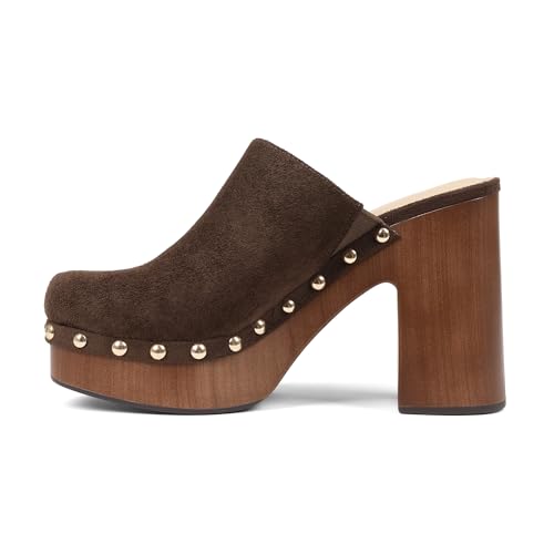 Oiamenne Womens Platform Clogs Mules Chunky High Heeled Sandals Round Toe Slip On Slides Rivet Studded Heels for Women Casual Comfy Shoes,Brown Size 9.5