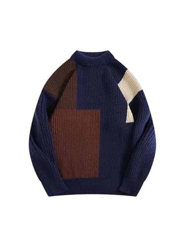 Men's Round Neck Warm Contrast Color Sweater Long Sleeve Casual Retro Loose Knit Sweater3