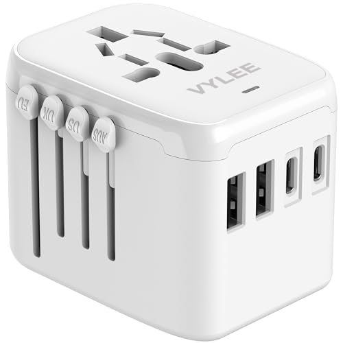 VYLEE Universal International Power Travel Plug Adapter, 5 in 1 European Travel Plug Adapter W/ 3.5A 2xUSB-A and 2xUSB C Wall Charger and Worldwide AC Outlet for Europe USA UK AUS Asia (White) by VYLEE - Used condition - CA$26.99