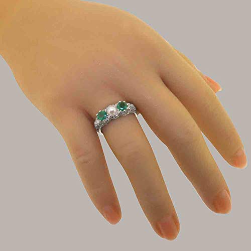9K White Gold Cultured Pearl & Emerald Womens Statement Ring - Size 9.25 #TOP5