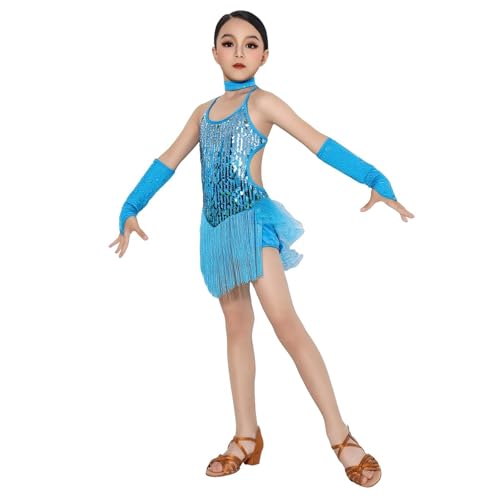 Kid Girls Sequin Dance Outfits Latin Dress Leotards Shiny Dancewear Ballroom Tassel Rumba Samba Costume for 3-12 Years