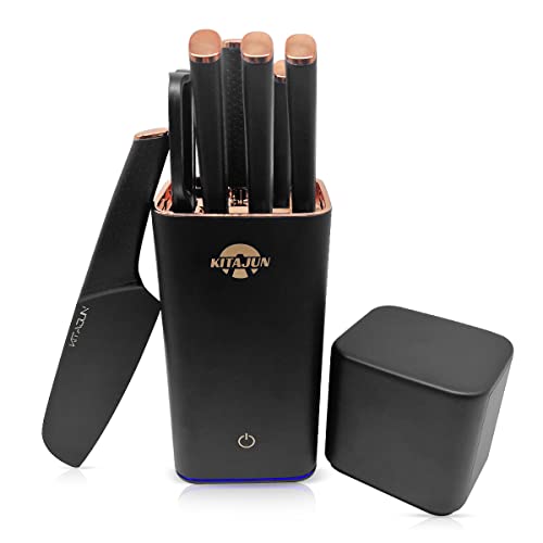 KITAJUN Smart Kitchen Knife Set with holder German Stainless Steel 6 Knives Built-in sharpening rod. Smart Knife block keep cleaning and drying，kitchen smart gadgets smart kitchen appliances (Black)