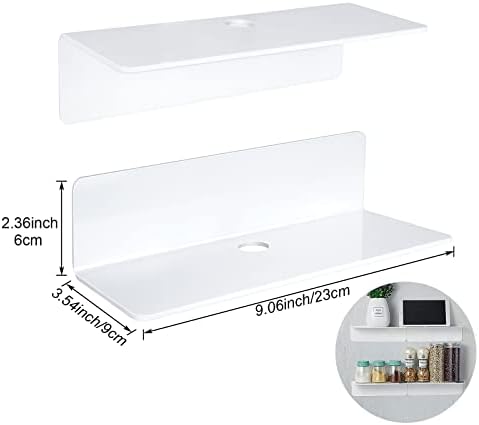 LOLYSIC 6PCS Self Adhesive Acrylic Floating Shelves for Wall, No Drill Acrylic Floating Shelf, White Small Floating Shelf Wall Shelves for Display Books, Smart Speaker, Monitor, Plants
