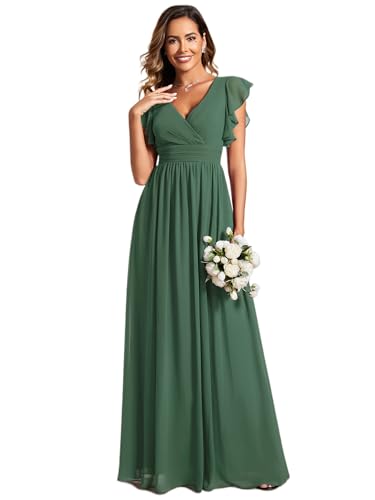 Ever-Pretty Abito Donna Sera con Schiena Scoperta Maniche Arricciati Chiffon Scollo a V Pieghe Abiti da Damigella d'Onore Elegante Verde 40