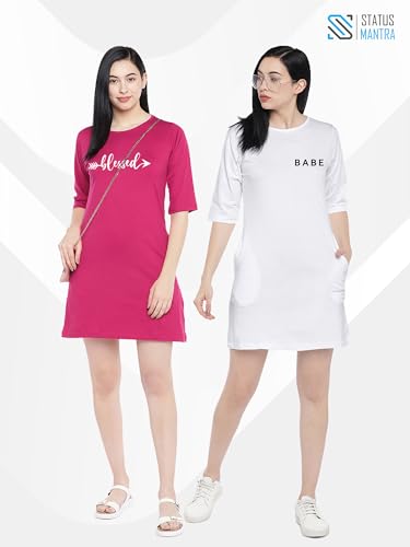 Image of STATUS MANTRA Long T-Shirt Dress for Women - Cotton Knee Length T Shirt Top | 3 /4th Sleeves, Soft Bio-Washed Fabric | Stylish Regular Fit Crew Neck