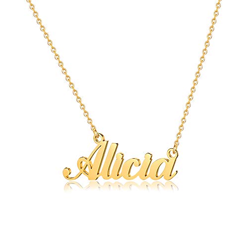 M MOOHAM Personalized Alicia Name Necklace - 18K Gold Filled Custom Name Necklace Personalized Name Necklaces for Women Girls Kids, Monogram Plate Name Necklace Name Jewelry