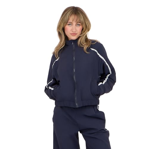 Forever 21 Women’s Windbreaker Jacket with Zip Front and Contrast Piping Trim, Lightweight Outerwear for Casual Layering and Everyday Wear, Navy, Large by Forever 21 - Used condition - US$20.42