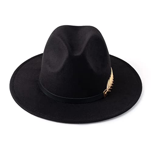 Hudanhuwei Women's Wide Brim Fedora Panama Hat With Metal Belt Buckle Black #TOP2