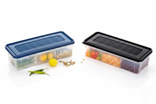 Image of MAGIC SPOON Multipurpose 3 Section Storage Container | Spice Box, Pickle Jar, Fridge Organizer, Dry Fruit, Vegetable & Kitchen Storage Container- Combo Pack (2000ml X 2) (BLACK-NAVY)
