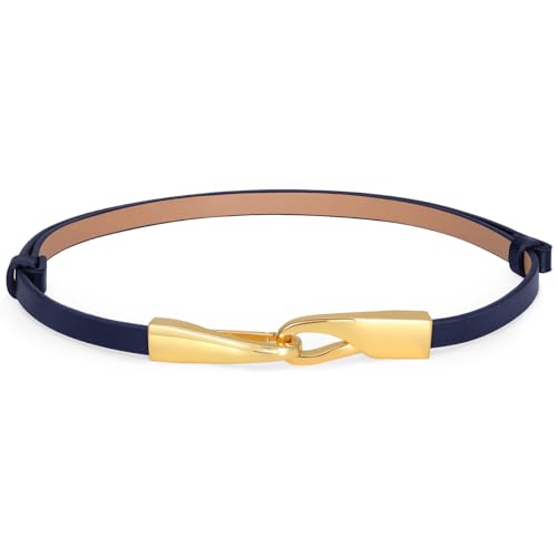 SUOSDEY Skinny Leather Belt with Gold Buckle, Thin Waist Belt for Dresses Jeans Coats Adjustable Belt, 0.43” width