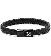 SHIEAGLELD Bracelet En Cuir Pour Homme Avec Initiales A-Z, Bracelet En Cuir Tressé Avec Fermoir Magnétique En Acier Inoxydable Gravé, Coffret Bijoux Exclusif, 21,5 Cm, Acier Inoxydable