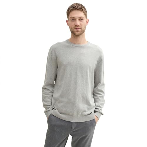TOM TAILOR Herren Basic Crewneck Pullover aus Baumwolle, 36293 - Bright Stone Grey Melange, L