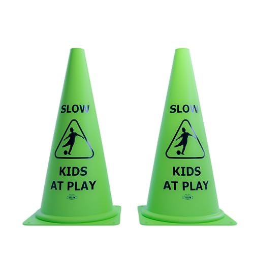 Vibrant Green 'Kids at Play' Safety Cone - 2ct, 15in Tall Durable & Fun Child Safety Solution for Driveways, Streets, Schools, and Parks