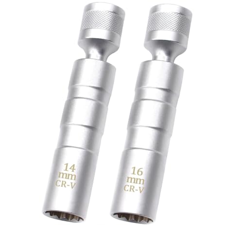 MerAXI - Juego de 2 llaves de vela magnéticas, vela de 14 mm, llave de vela de 16 mm, casquillo giratorio de pared fina, 12 panes de 3/8 pulgadas, CR-V, herramienta especial para automóviles