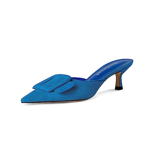 Image of Fericzot Mule Slippers for Women,Slingback Buckle Pumps Pointed Toe Kitten Heels Shoes Slides Backless Dress Sandals