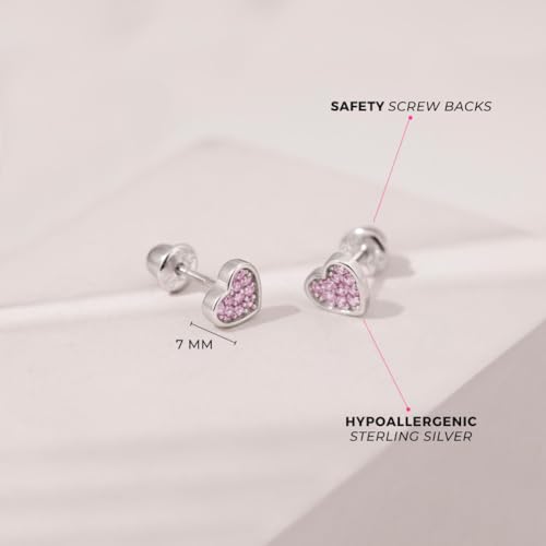 925 Sterling Silver Pave Heart Cubic Zirconia Girl's Earrings with Locking Screw Backs - 7mm Sparkly Earrings for Babies, Toddlers, Young Girls & Pre Teens - Perfect Jewelry for All Occasions4