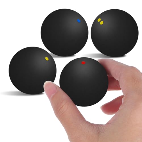 Garneck 4Pcs Squash Balls Set : 3.9cm Multi Dot Training Ball for Beginner to Professional - Single Double Yellow Blue Red Dot High Bounce Rubber Racketball for Indoor Court Practice Match