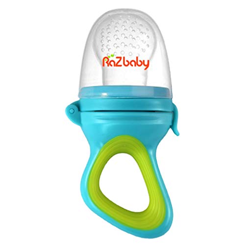 Image of RaZbaby Baby Solids/Frozen Fruit Feeder Pacifier, Infant Teether Toy 6M+, BPA-Free Silicone Pouch & Nipple, Safely Introduce Solids, Natural Teething Relief, Dishwasher Safe, Freezable – Blue/Green