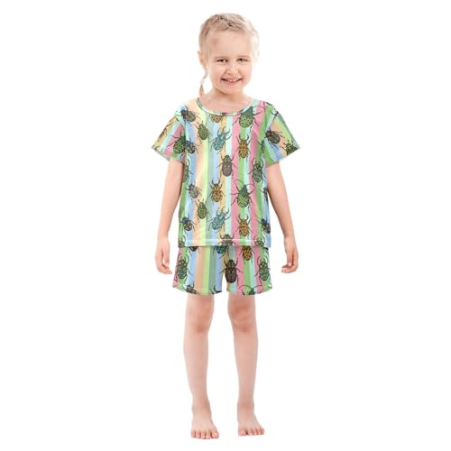 Pajama Short Sets Beetle Pattern Colorful Stripes Soft Cotton Summer Sleepwear 2 Piece PJS Size 5-14T4