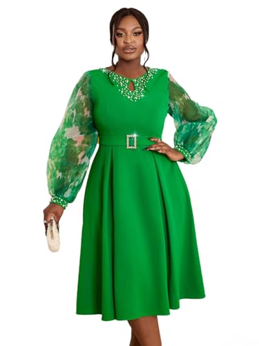 AOMEI Women's Long Lantern Sleeve Beaded Round Neck A-line Midi Dress for Church Evening Party