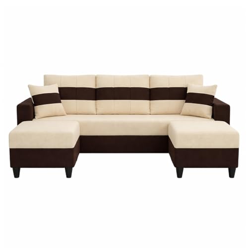 Image of Cavona 5 Seater L Shape Sofa Set with 2 Movable Ottomans | Flexible Layout | Luxury Velvet Suede Fabric | Modern Living Room Sofa | Dark Brown-Cream