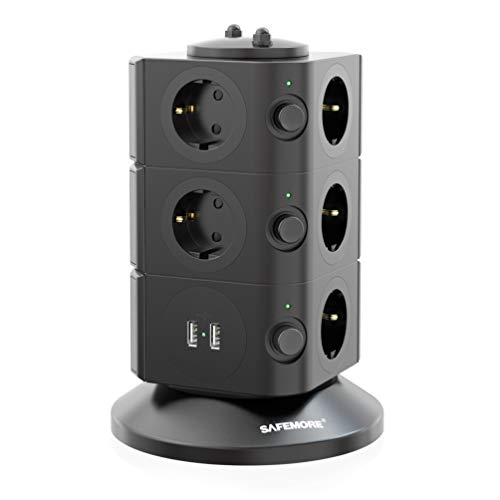Steckdosenleiste Überspannungsschutz SAFEMORE Kindersicherung 2 USB Mehrfachsteckdose mit Schalter Stromsparend 11-Fach Steckdosentower 2500W 10A