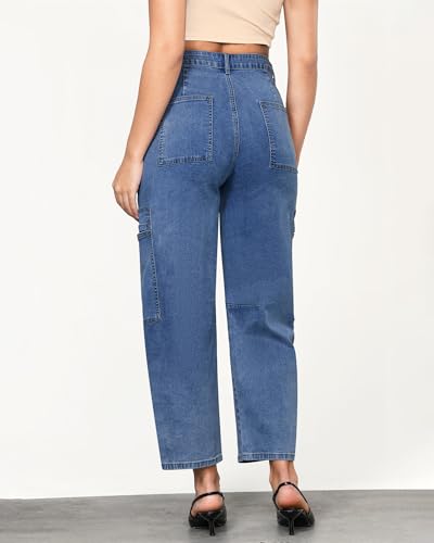 GRAPENT Barrel Jeans for Women Trendy High Waisted Cropped Cargo Pocket Baggy Stretch Denim Pants Wide Leg Tapered Jeans3