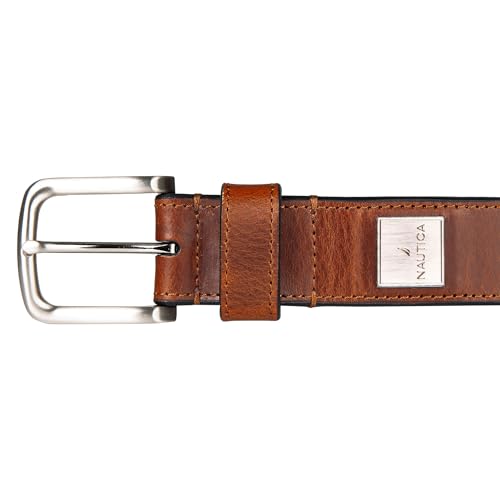 Image of Nautica Men's Casual Leather Belt | Everyday | Classic | Pants | Jeans | Khakis | Chinos | Metal Buckle
