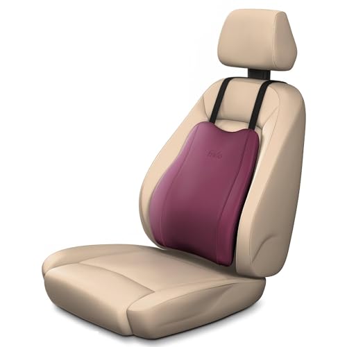 Image of Frido Premium Car Back Rest Cushion with Lumbar Support Pillow for Driving, Hi-Per Memory Foam Back Support and Luxe Leatherette Cover, Relieves Back Pain and Improves Posture for Long Drives | Maroon