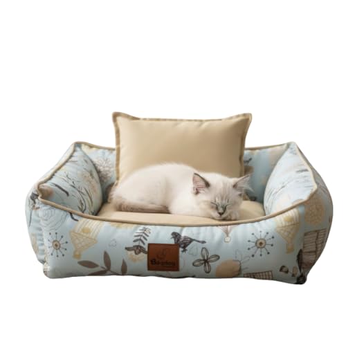 Cama Pet Media, Para Cachorro e Gato, Lavavel, Com Ziper, Modelo Quadrada, Estampa Pássaros Vintage, Com Almofadinha + Jogo Americano, Bagdog - Tamanhos P/M/G (Medio)