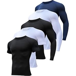 HOPLYNN 5 Pack Workout Compression Shirts Men Long/Short Sleeve Rash Guard Athletic Undershirt Gear T Shirt for Sports 2 Black 2 White 1 Blue S