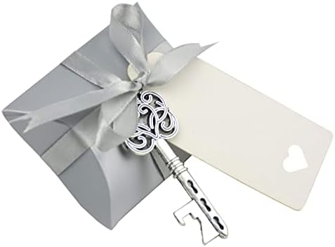 50pcs Wedding Favor Souvenir Gift Set Pillow Candy Box Vintage Skeleton Key Bottle Openers Escort Thank You Tag French Ribbon (Antique Silver)