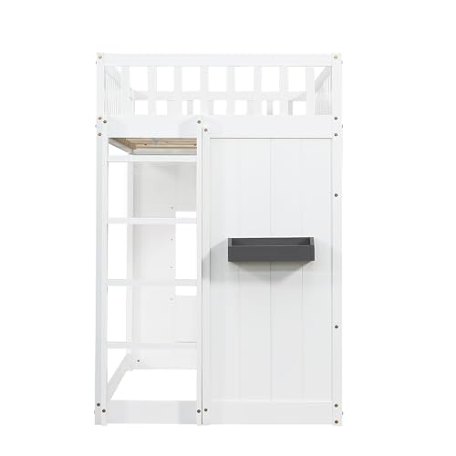 MOBETTRES Etagenbett, Hausbett, mit Treppe, mit Fallschutz und Gitter, Kinderbett mit Fenster, Frei gestaltetes Unterbett, Rahmen aus Kiefer, Kiefer+MDF, Weiß, 90x200cm (A)