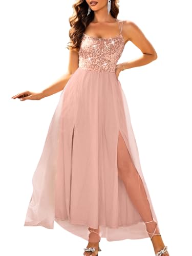 Image of ShawGobow Tulle Prom Dress with Slit,Sequin Backless Long Flowy Dresses for Women,Sexy Sparkly Outfits Homecoming Wedding