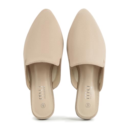 MUSSHOE Pointed Toe Mules for Women: Comfortable Slip On Flats with Soft Memory Foam - Non-Slip Lightweight Backless Loafers for Office Work & Business Casual,Beige Suede 8