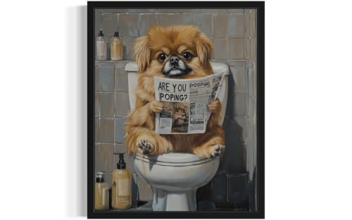 Image of Pekingese on Toilet Black Framed Wall Art Print Poster, Dog Bathroom Humor Decor Posters Prints for Restroom Home Picture Painting Artwork Gallery 7 (Pekingese, 20 inchL x 16 inchW, Black Frame)