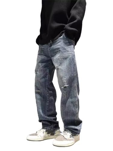 Men's Denim Pants Vintage Ripped Loose Straight Casual Denim Pants