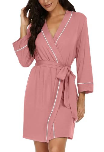 Image of PrinStory Womens Robe Knee Length Soft Knit Bathrobe S-2XL | V-Neck 3 /4 Sleeve Robes with Pockets, Lightweight, Breathable Bath Robe for Shower, Spa, Travel, Home, Party, Nursing