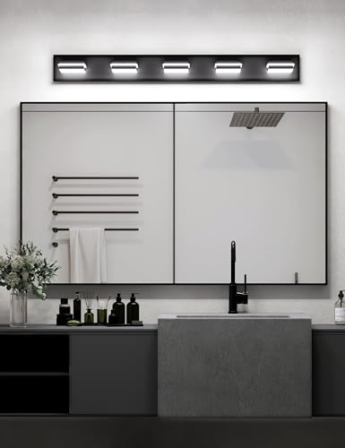 VOLISUN 5CCT Bathroom Light Fixtures Over Mirror, Dimmable, 360°Rotatable Head, 40 inch, 5 Light Bathroom Vanity Light Fixtures, Black LED Vanity Lights for Bathrooms-ETL Certificated